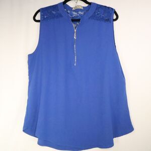 Moyabo Blue Sleeveless Dressy Blouse Lace Detail 1/4 Zip front Size 2XL